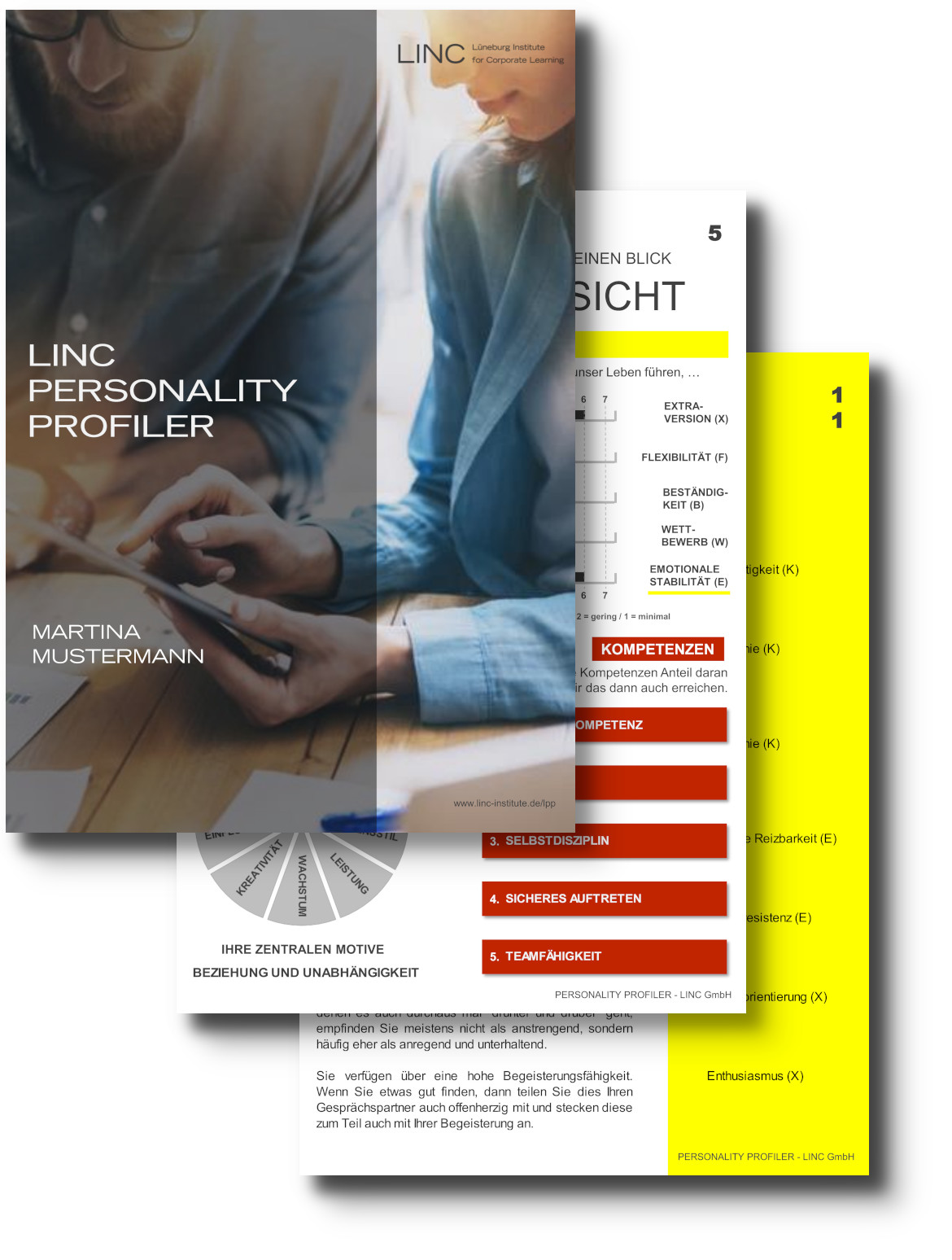 abbildung-zeigt-den-linc-personality-profiler-mit-deckblatt-und-zwei-seiten-ergebnisreport